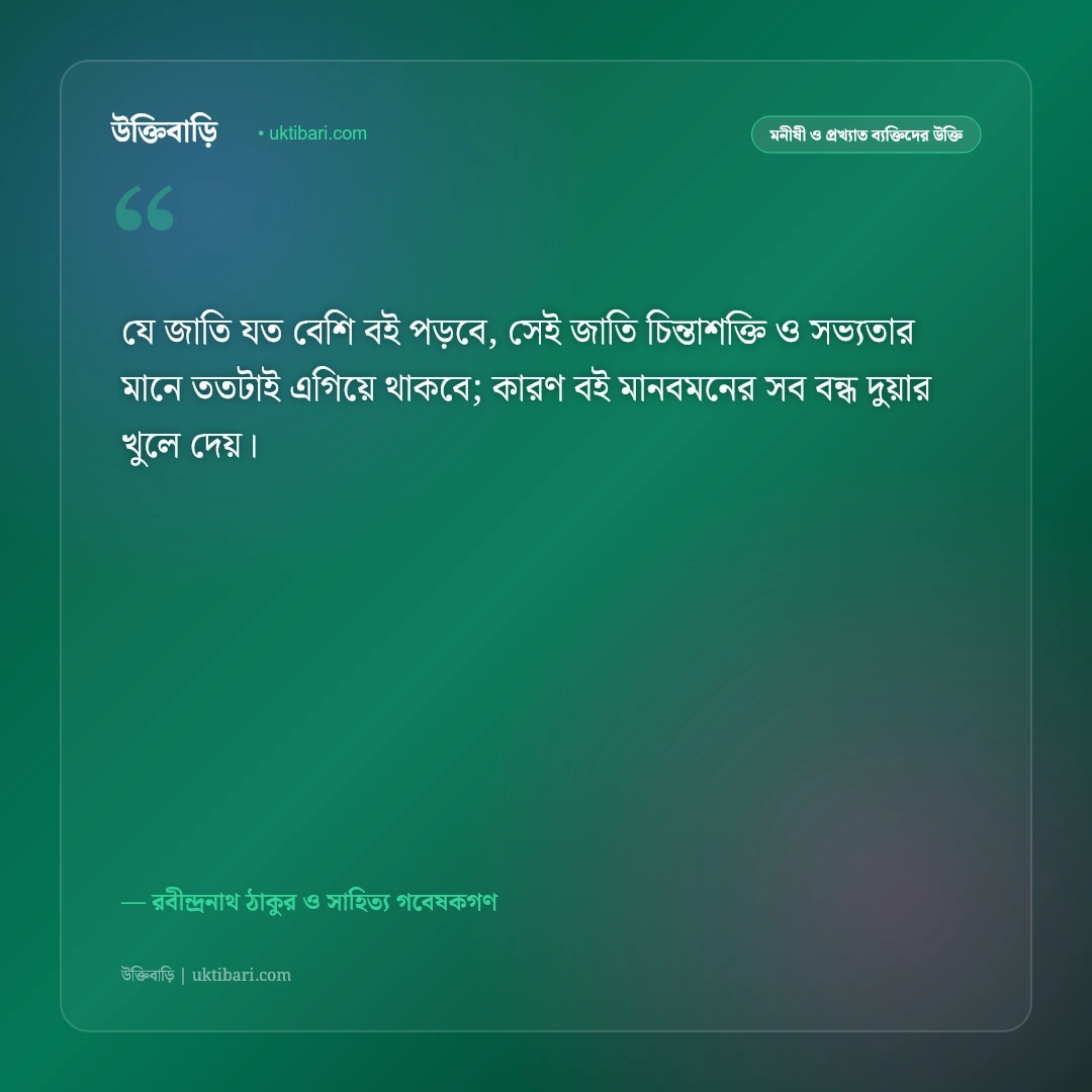 বই পড়া ও সাহিত্যের গুরুত্ব নিয়ে রবীন্দ্রনাথের উক্তি: জ্ঞানার্জনের সেরা ৫০+ অমর বাণী [২০২৬] - রবীন্দ্রনাথ ঠাকুর ও সাহিত্য গবেষকগণ এর সেরা উক্তি ফটো কার্ড