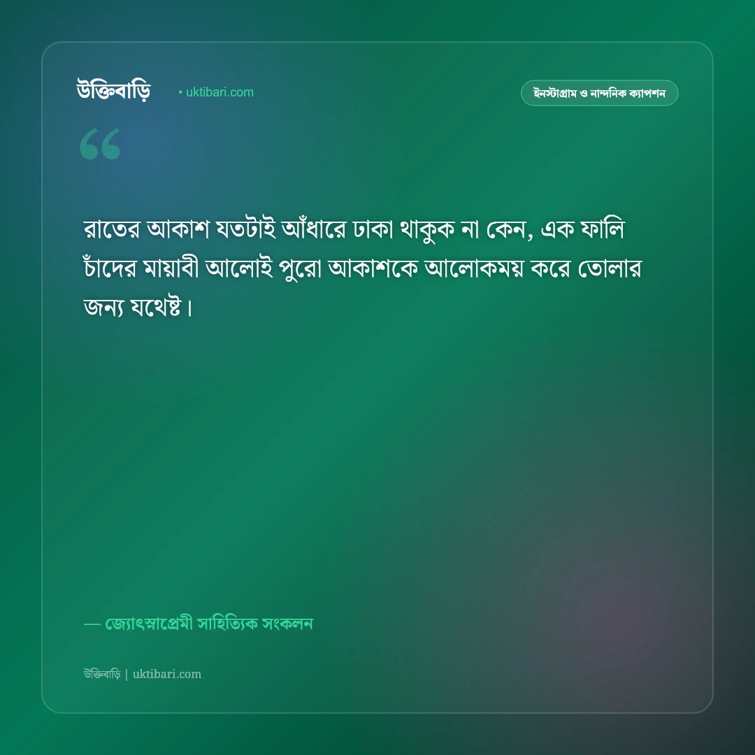 চাঁদের স্নিগ্ধ আলো ও জোছনা রাতের নান্দনিক ক্যাপশন: পূর্ণিমার রূপের ৫০+ রোমান্টিক স্ট্যাটাস [২০২৬] - জ্যোৎস্নাপ্রেমী সাহিত্যিক সংকলন এর সেরা উক্তি ফটো কার্ড